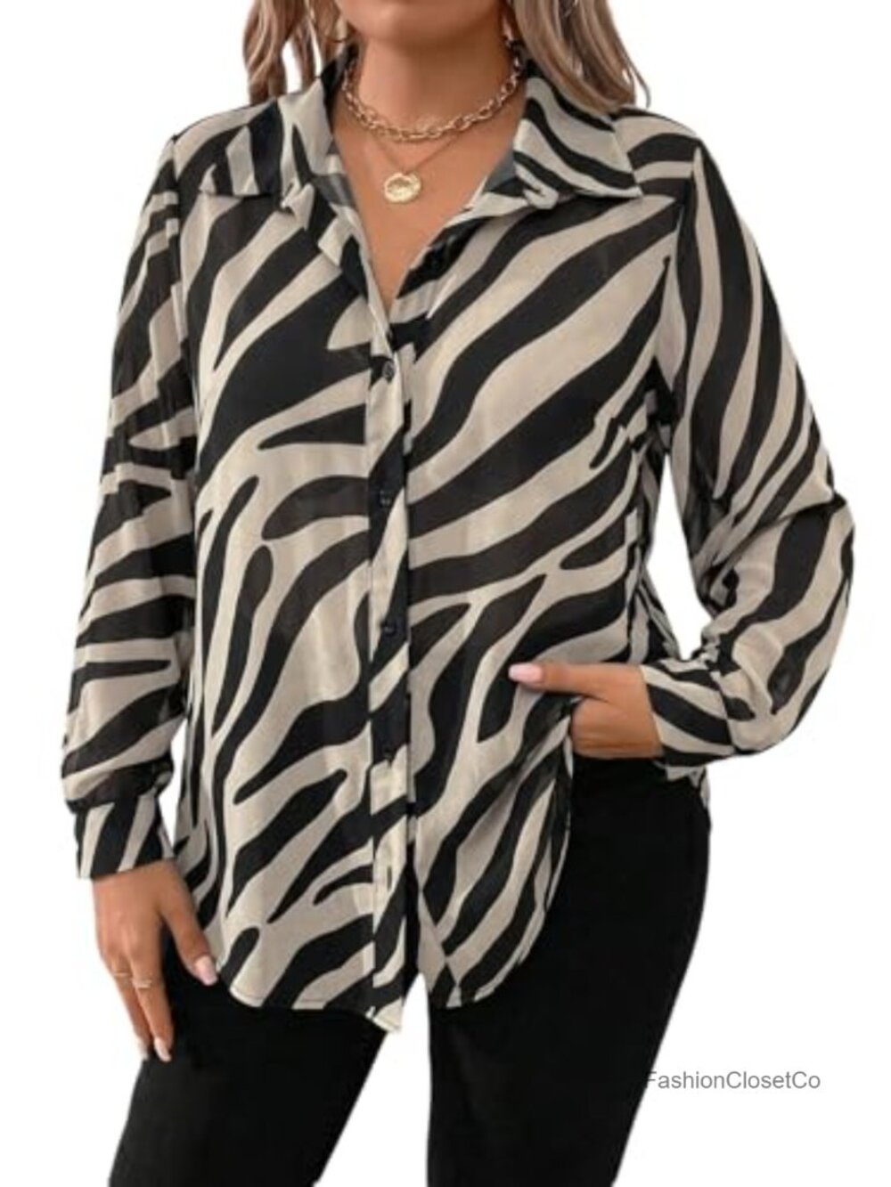 Plus Size Leopard Print Long Sleeve Button Down Blouse